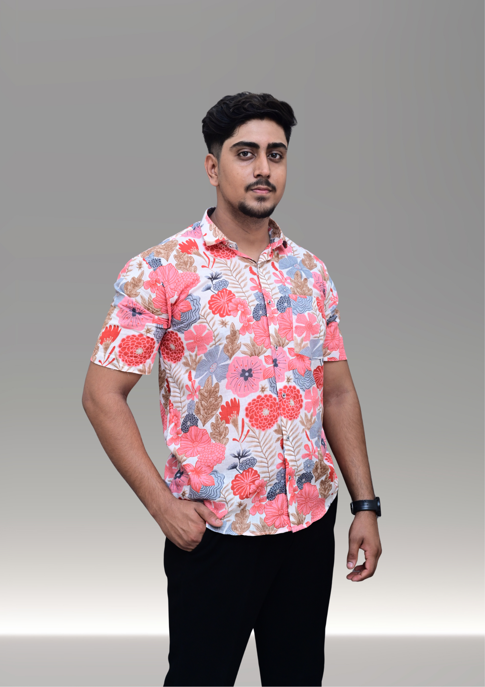 Men’s Coral Floral Printed Casual Shirt – Premium Summer Relaxed Fit Half Sleeve