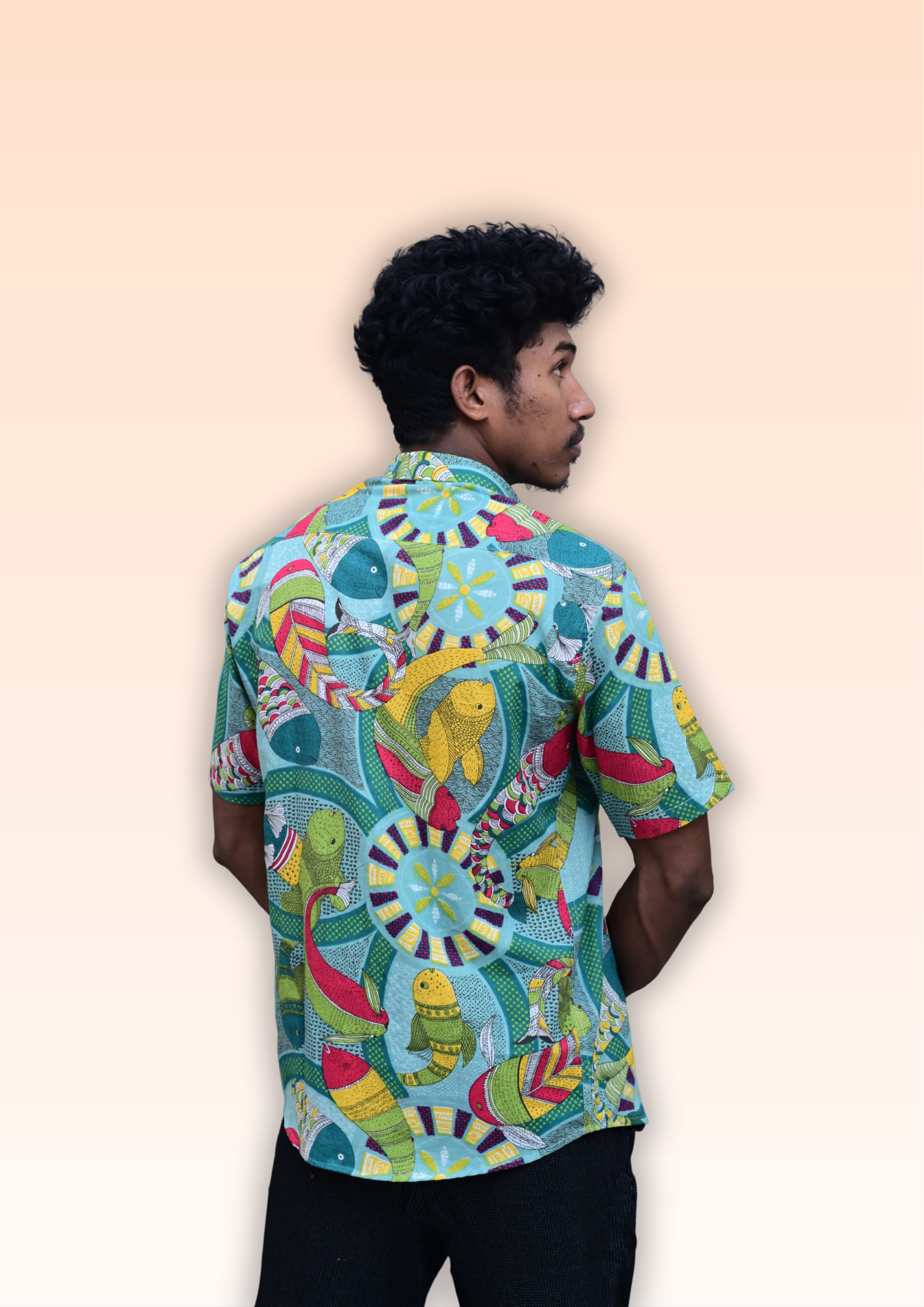 Men’s Aqua Blue Abstract Printed Casual Shirt – Premium Relaxed Fit Half Sleeve