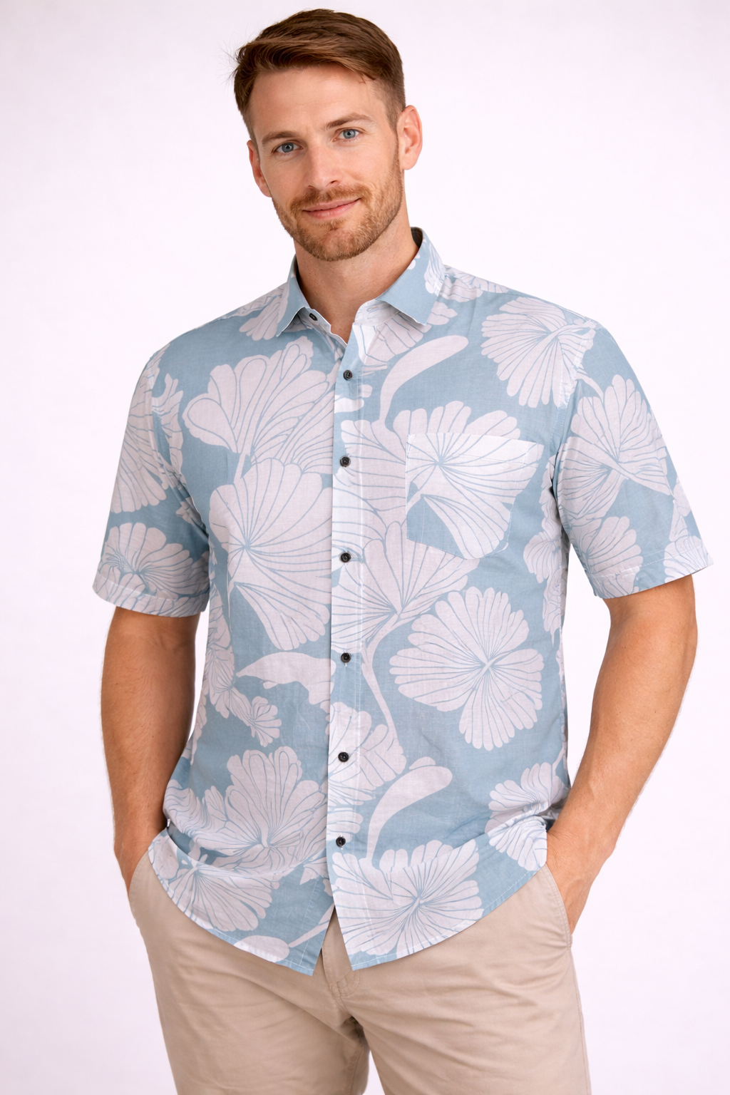 Sky Blue Jaipuri Cotton Shirt – Elegant Leaf Print Casual Wear