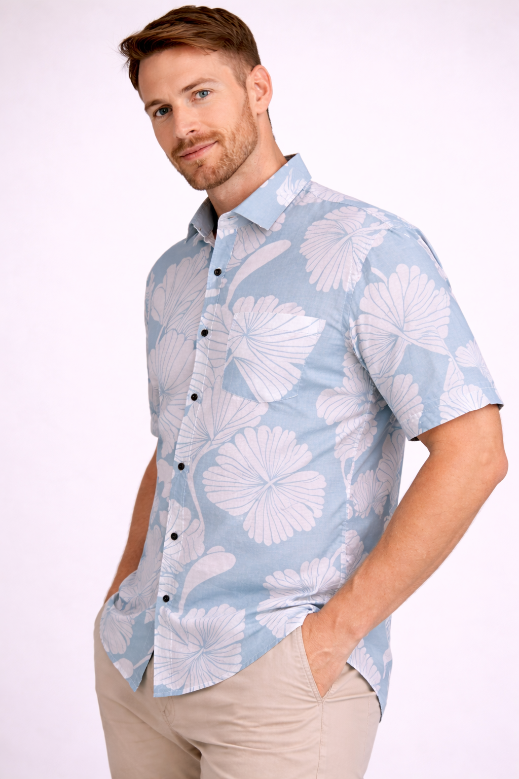 Sky Blue Jaipuri Cotton Shirt – Elegant Leaf Print Casual Wear