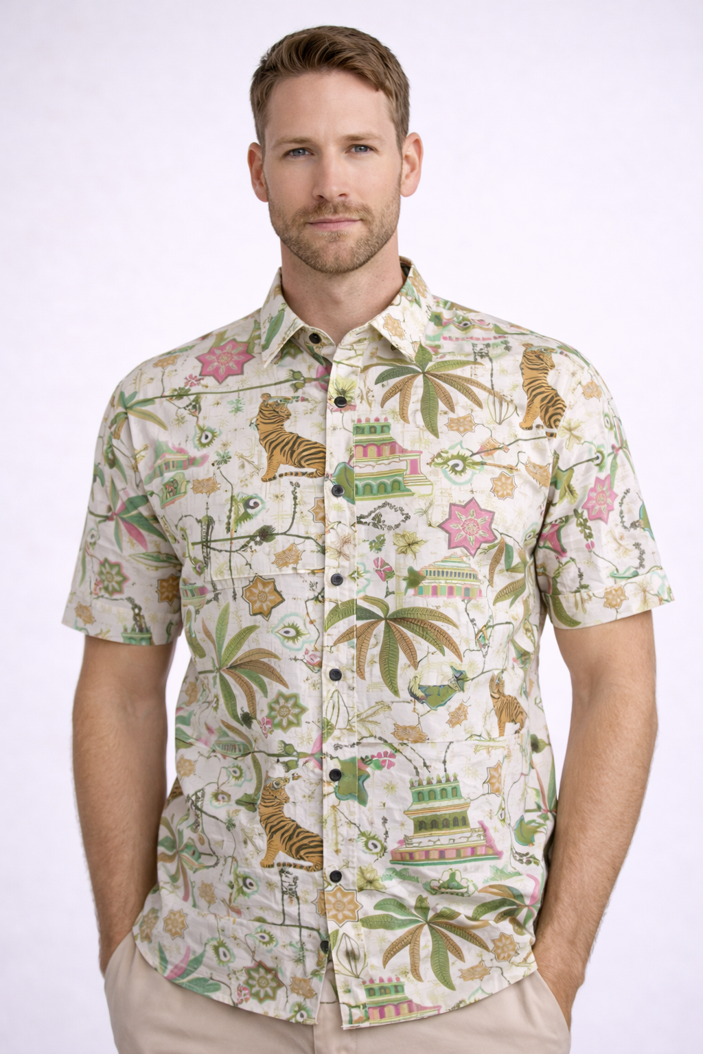Royal Jungle Jaipuri Printed Premium Cotton Shirt – Tropical Tiger & Heritage Motif