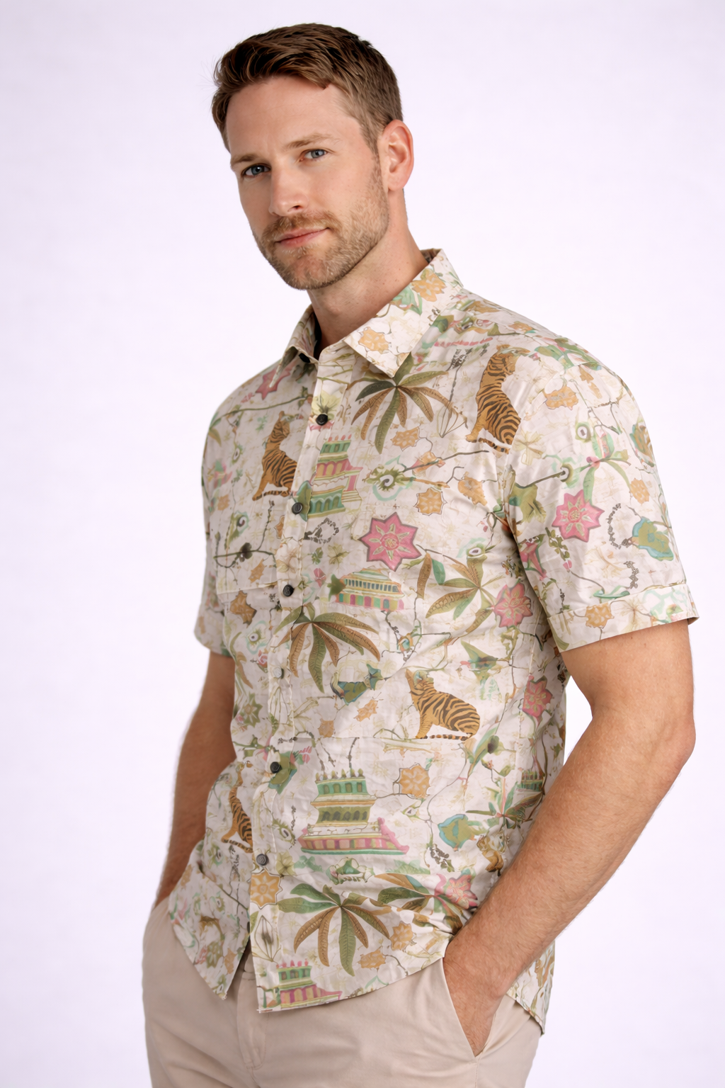 Royal Jungle Jaipuri Printed Premium Cotton Shirt – Tropical Tiger & Heritage Motif