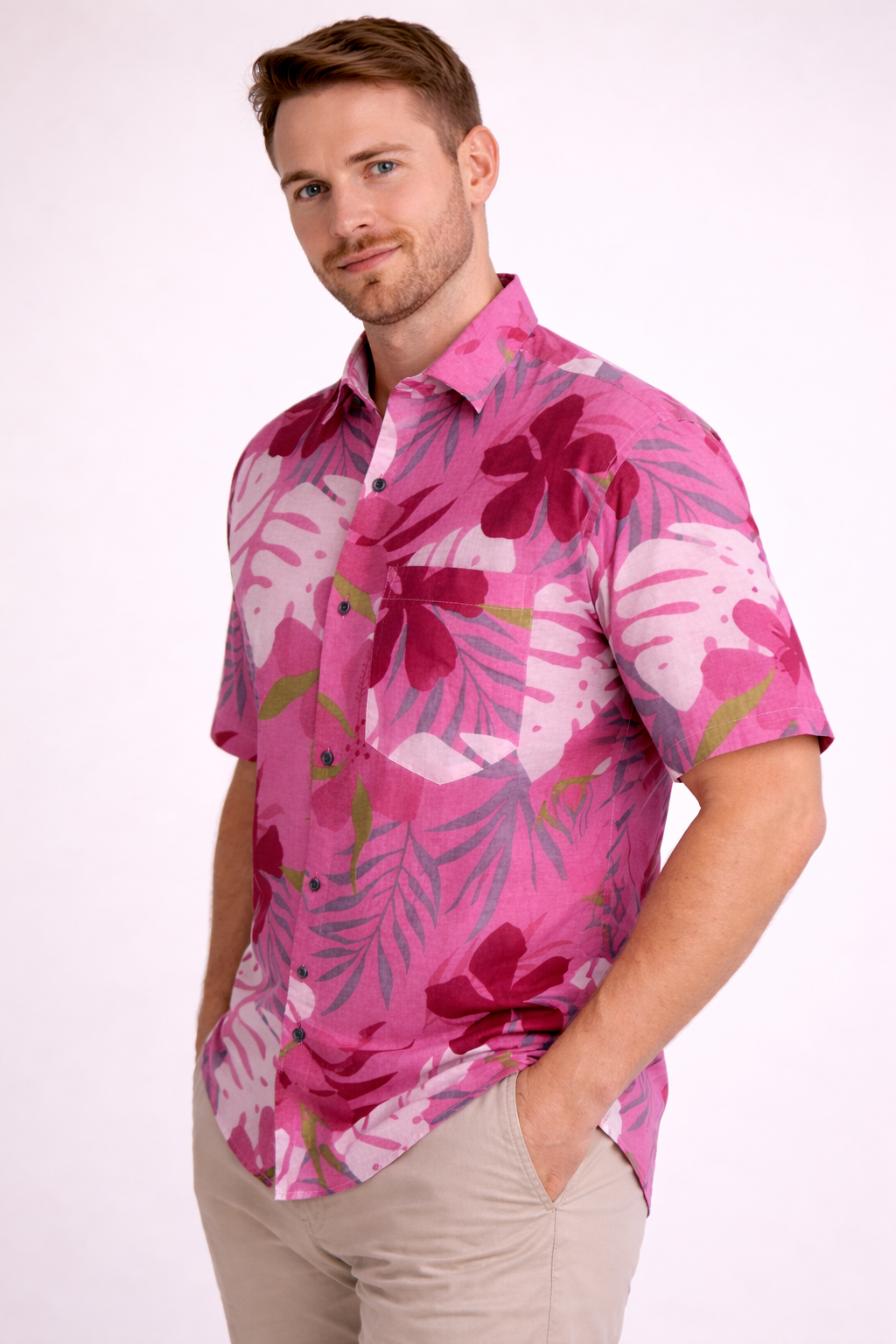 Pink Tropical Jaipuri Cotton Shirt – Premium Floral Print Casual Wear
