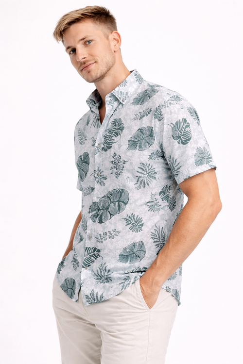 Arctic Leaf Luxe Shirt – Premium Tropical Print Cotton Shirt for Men