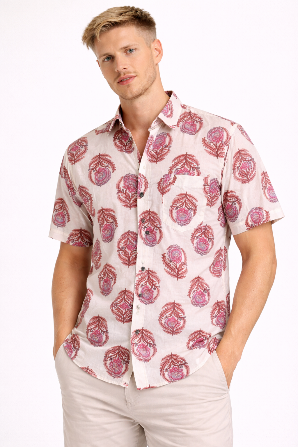 Jaipuri Handblock Printed Cotton Shirt – Ivory Floral Paisley