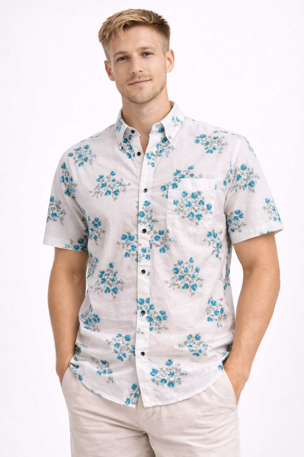 Ivory Bloom Jaipuri Cotton Shirt – Blue Floral Print