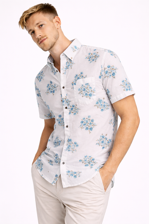 Ivory Bloom Jaipuri Cotton Shirt – Blue Floral Print