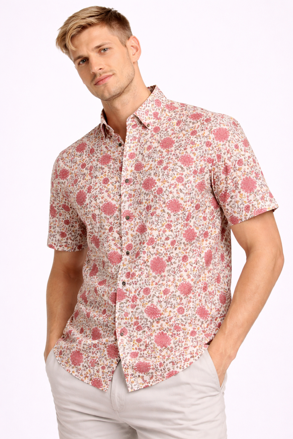 Jaipuri Floral Cotton Shirt – Soft Pink Heritage Print (Premium Summer Fit)