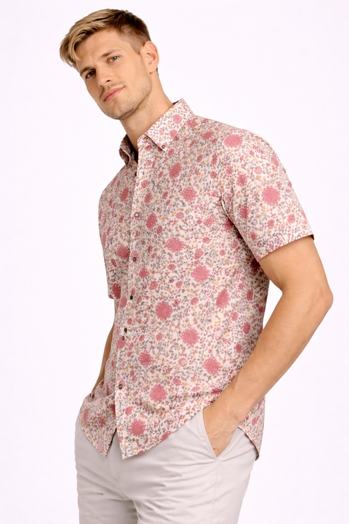 Jaipuri Floral Cotton Shirt – Soft Pink Heritage Print (Premium Summer Fit)