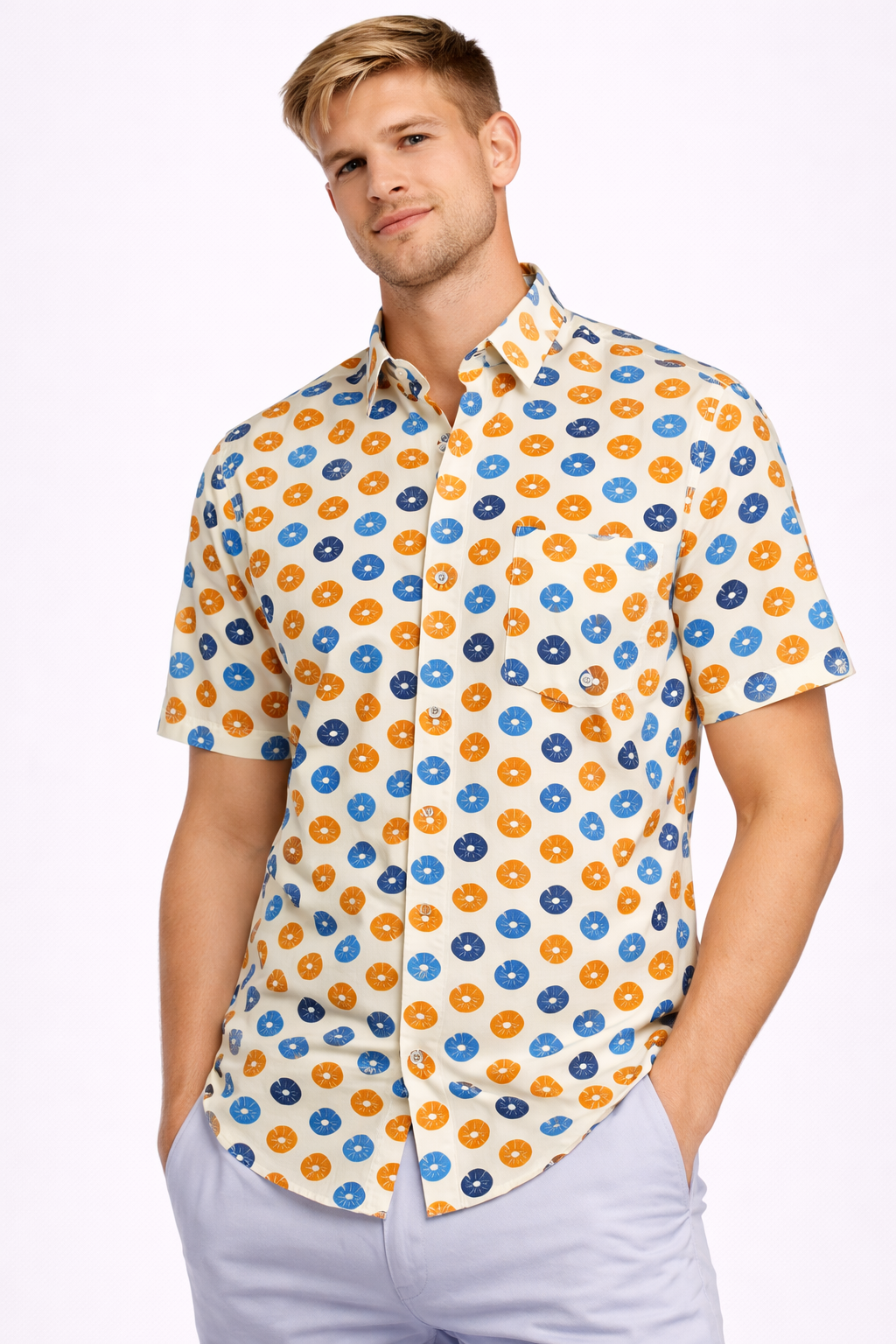 Jaipuri Cotton Printed Shirt – Cream Base with Indigo & Rust Motif