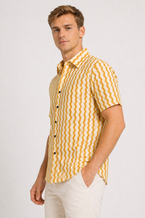 Jaipur Zigzag Cotton Shirt – Mustard & Ivory Premium Summer Wear