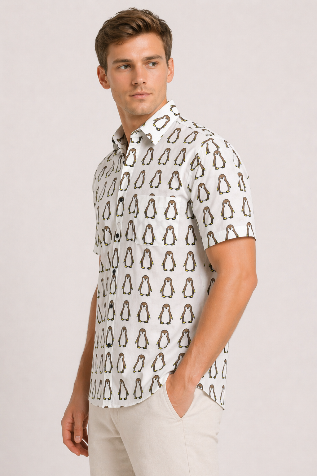 Premium Jaipuri Cotton Shirt – White with Playful Penguin Print