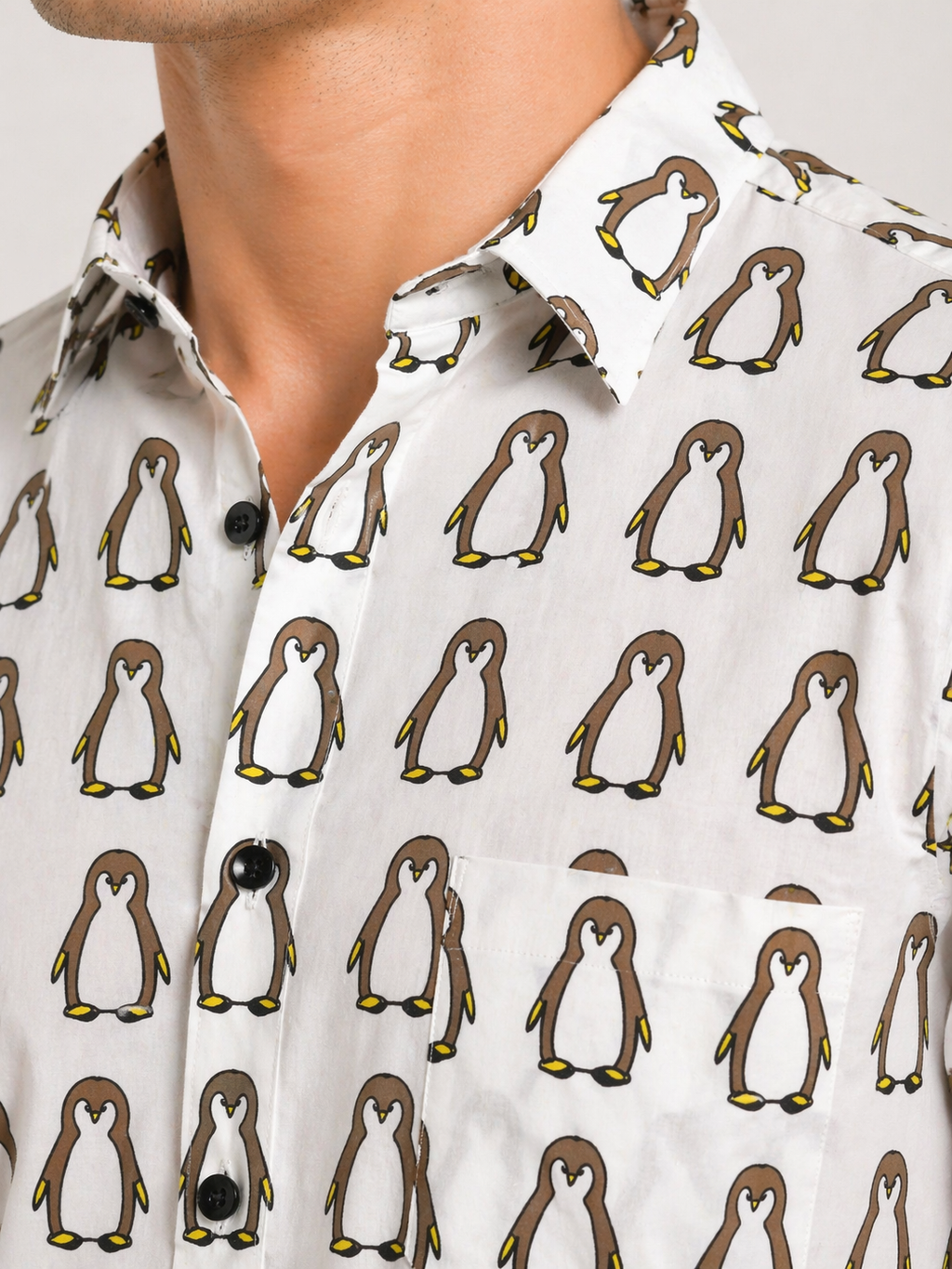 Premium Jaipuri Cotton Shirt – White with Playful Penguin Print