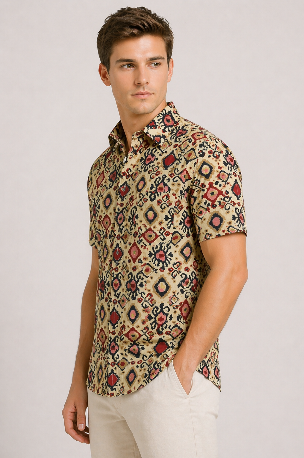 Premium Jaipuri Cotton Shirt – Beige Geometric Ethnic Print | Summer Casual Wear for Men