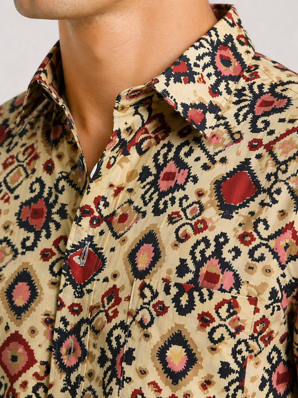 Premium Jaipuri Cotton Shirt – Beige Geometric Ethnic Print | Summer Casual Wear for Men