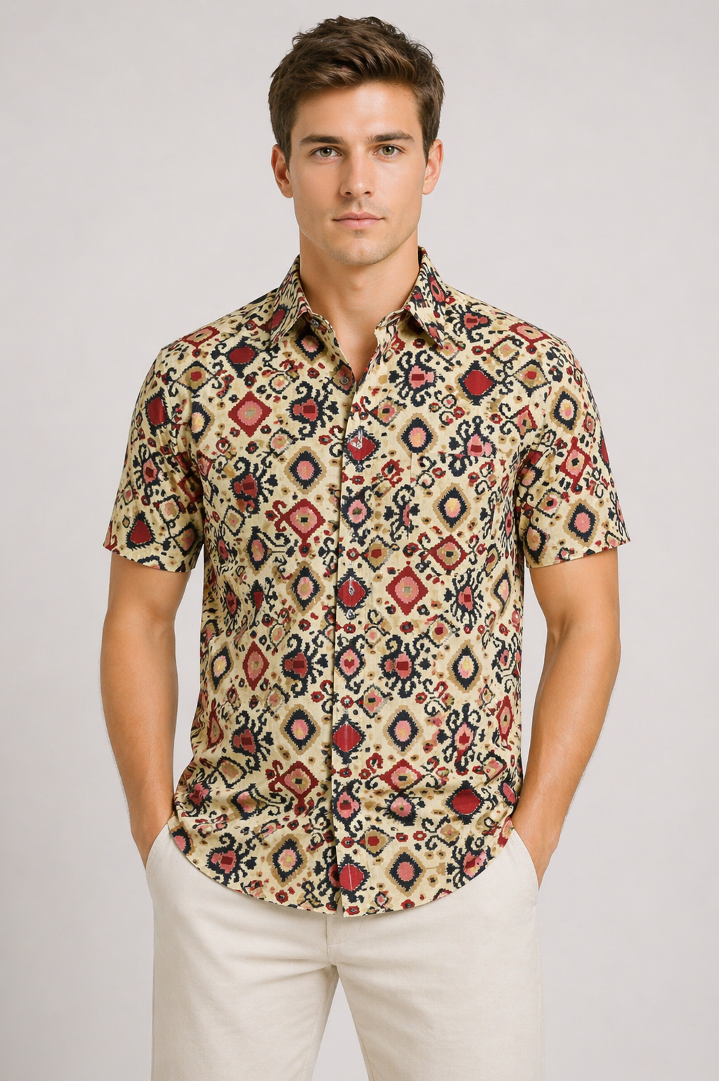 Premium Jaipuri Cotton Shirt – Beige Geometric Ethnic Print | Summer Casual Wear for Men