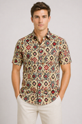 Premium Jaipuri Cotton Shirt – Beige Geometric Ethnic Print | Summer Casual Wear for Men