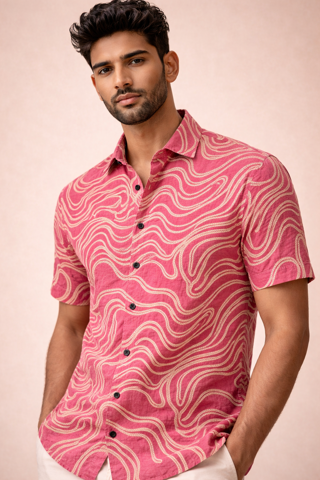 Men’s Premium Pink Abstract Wave embroidery Shirt