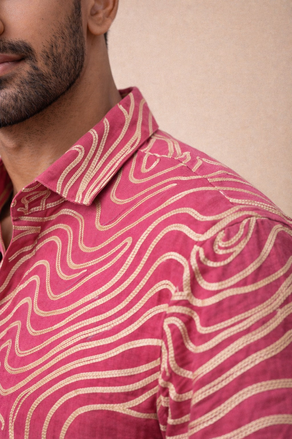 Men’s Premium Pink Abstract Wave embroidery Shirt